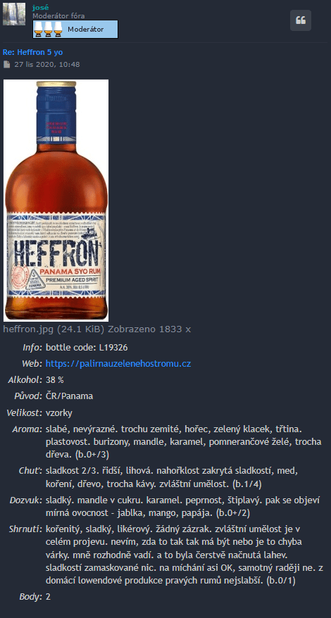 Hodnotenie rumu Heffron 5y na internetovom fóre whisky.nethar.cz