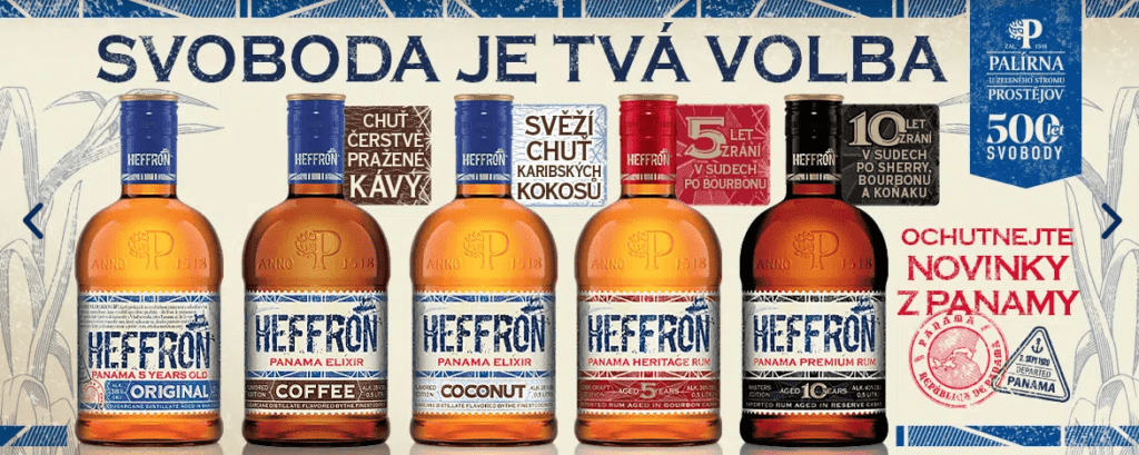 Kompletné rumové portfólio značky Heffron (Original 5yo, Heritage Rum 5yo, Premium Rum 10yo, Coconut, Coffee