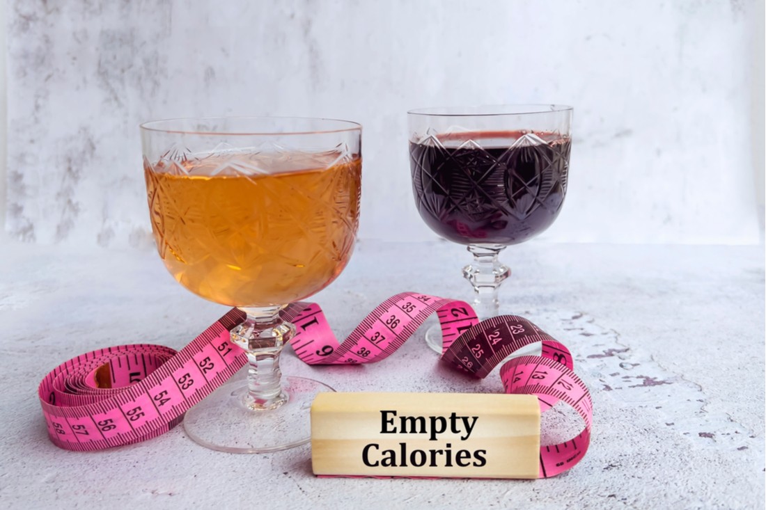 Prázdne kalórie alkohol - poháre s vínom, krajčírsky metera a nápis empty calories