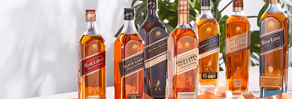 Whisky značky Johnnie Walker - Blue Label, Gold Label, Red Label, Green Label. Black Label