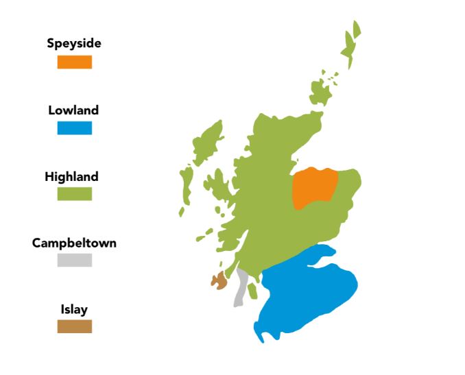 Regióny škótskej whisky - mapa s farebne odlíšenými oblasťami
