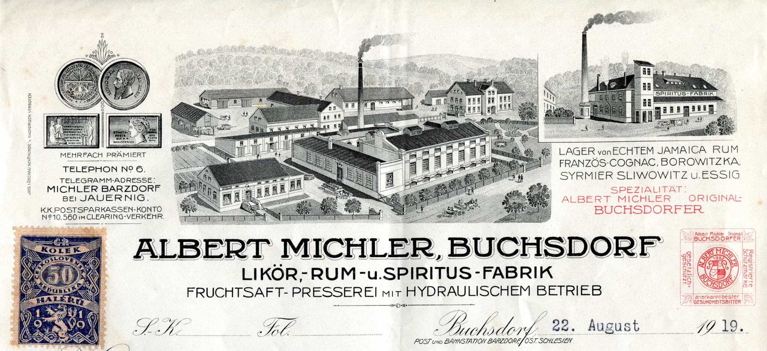 Albert Michler, Buchsdorf - Likör, rum, spiritus fabrik, záhlavie faktúry z roku 1919