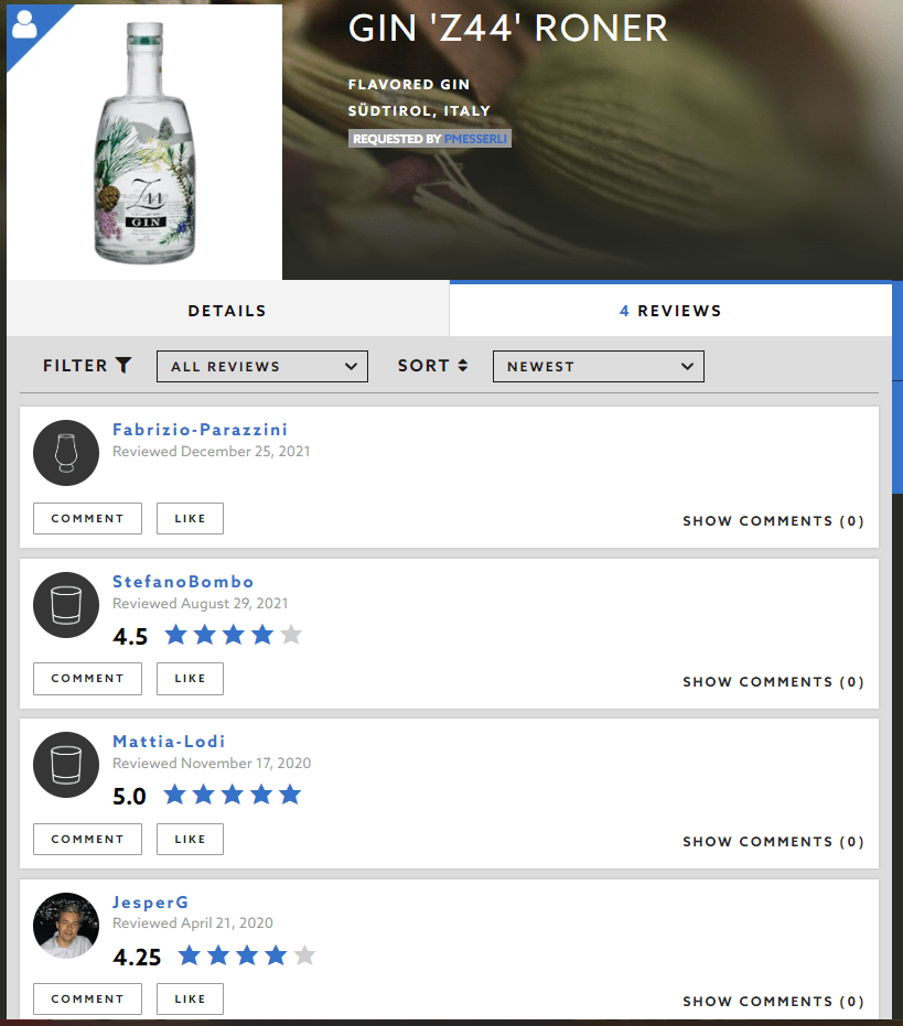 Z44 Alpine Herb Dry Gin - skúsenosti, hodnotenie užívateľov (distiller.com)