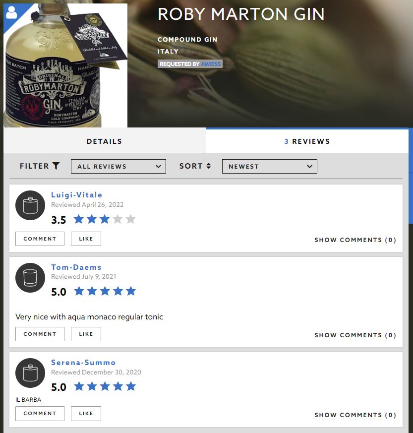 Roby Marton Original Gin - hodnotenia z webu distiller.com