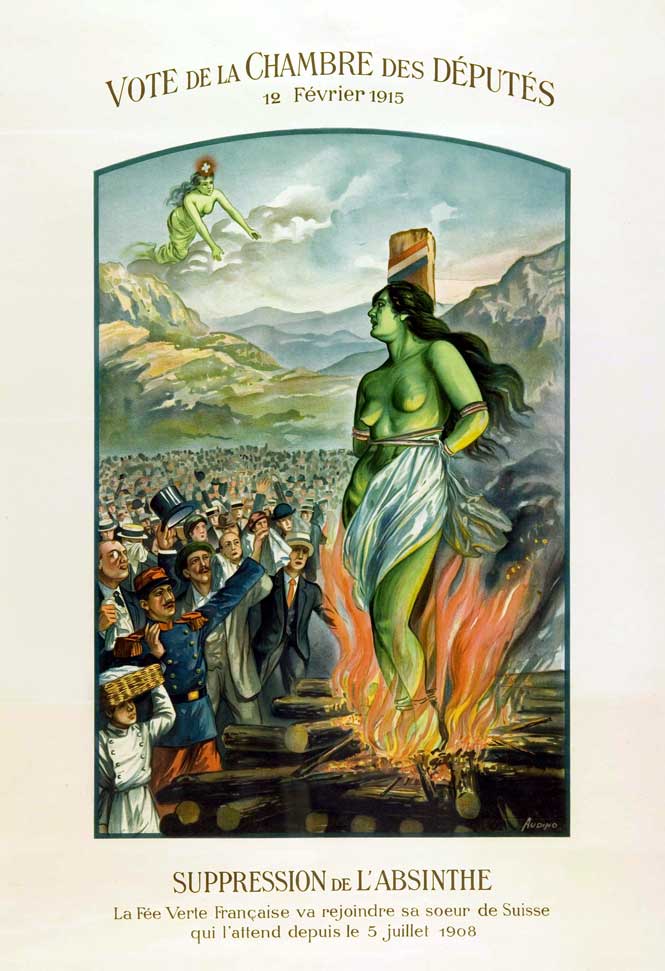 Absinthe - dobový plagát, ktorý spochybňuje jeho zákaz v roku 1905